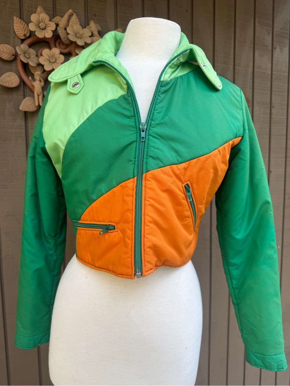 Vintage Green & Orange Colorblock Cropped Puffer Jacket